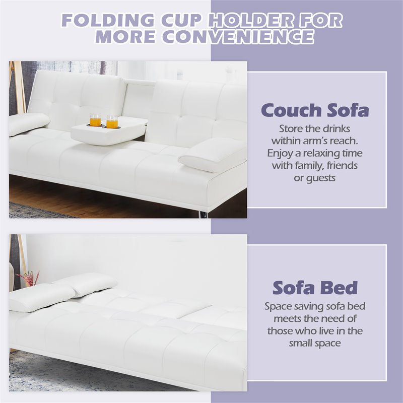 Costway Cup Holders/Armrests Leather Convertible Folding Futon Sofa Bed in White