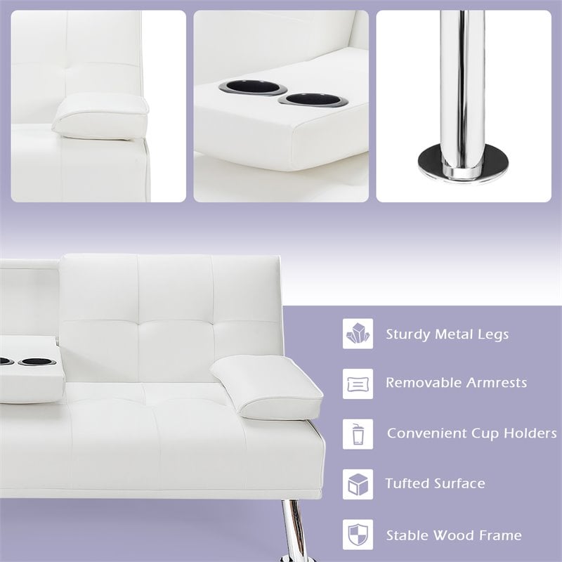 Costway Cup Holders/Armrests Leather Convertible Folding Futon Sofa Bed in White