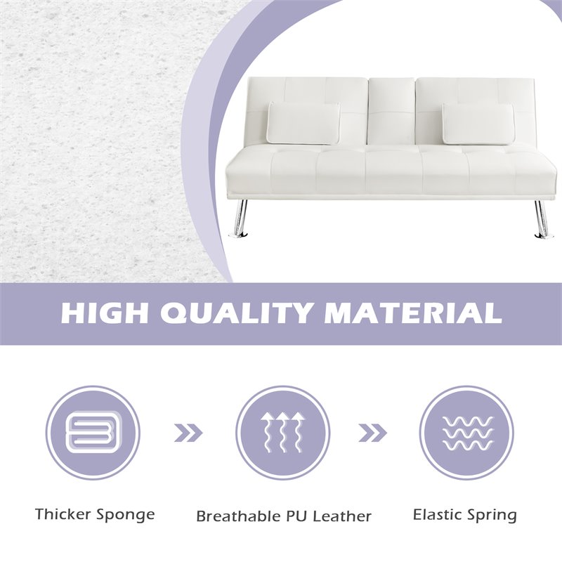 Costway Cup Holders/Armrests Leather Convertible Folding Futon Sofa Bed in White