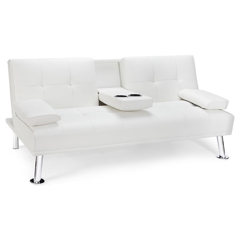 Costway Cup Holders/Armrests Leather Convertible Folding Futon Sofa Bed in White