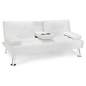 Costway Cup Holders/Armrests Leather Convertible Folding Futon Sofa Bed in White