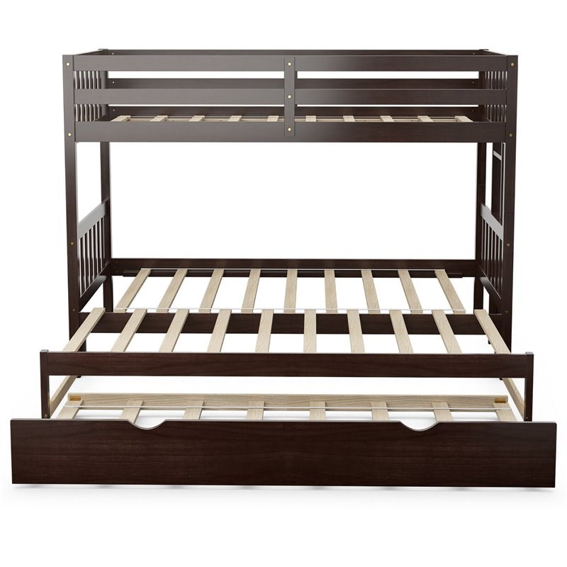 Costway Wood and PB Twin Over Twin Pull-Out Bunk Bed with Trundle in Espresso