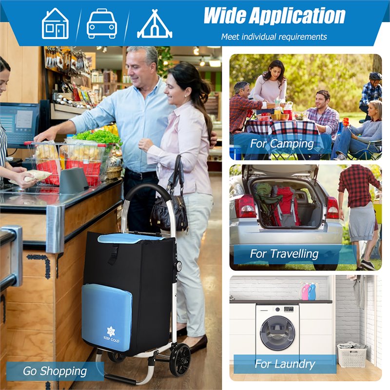Costway Aluminum Folding Shopping Grocery Cart with Removable Bag in Blue