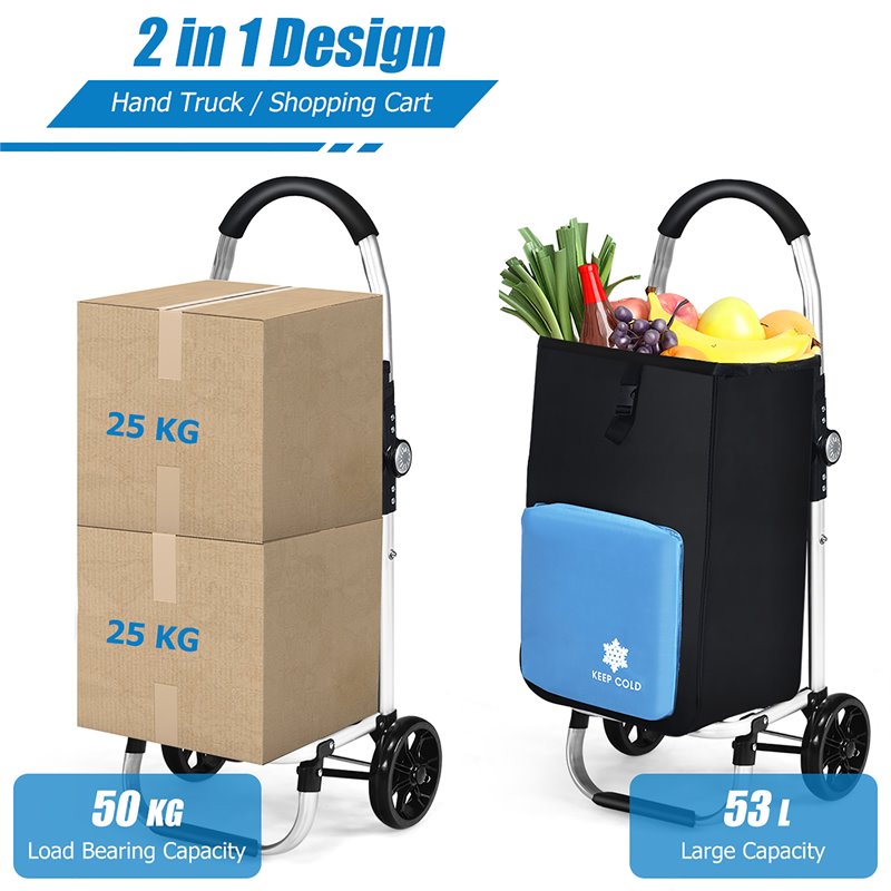 Costway Aluminum Folding Shopping Grocery Cart with Removable Bag in Blue