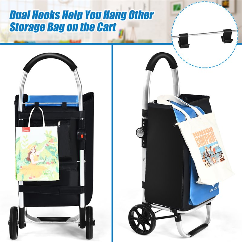 Costway Aluminum Folding Shopping Grocery Cart with Removable Bag in Blue