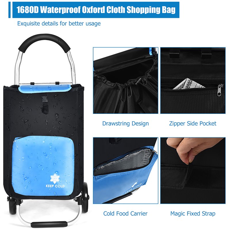 Costway Aluminum Folding Shopping Grocery Cart with Removable Bag in Blue