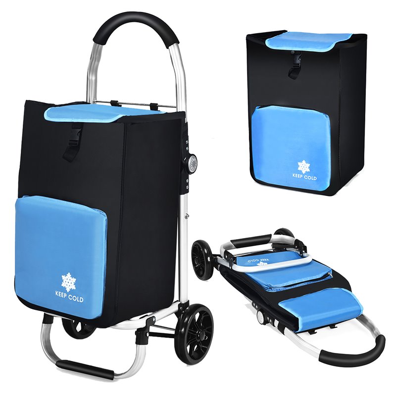 Costway Aluminum Folding Shopping Grocery Cart with Removable Bag in Blue