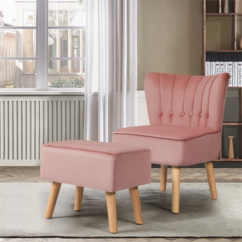 Costway Thick Padded Button Tufted Leisure Chair and Ottoman Set in Pink