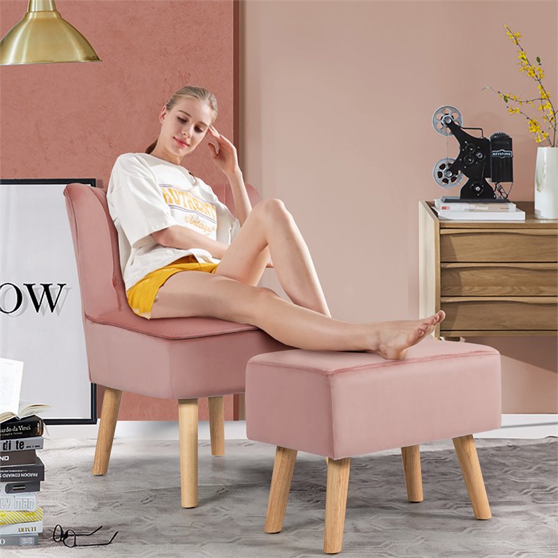 Costway Thick Padded Button Tufted Leisure Chair and Ottoman Set in Pink