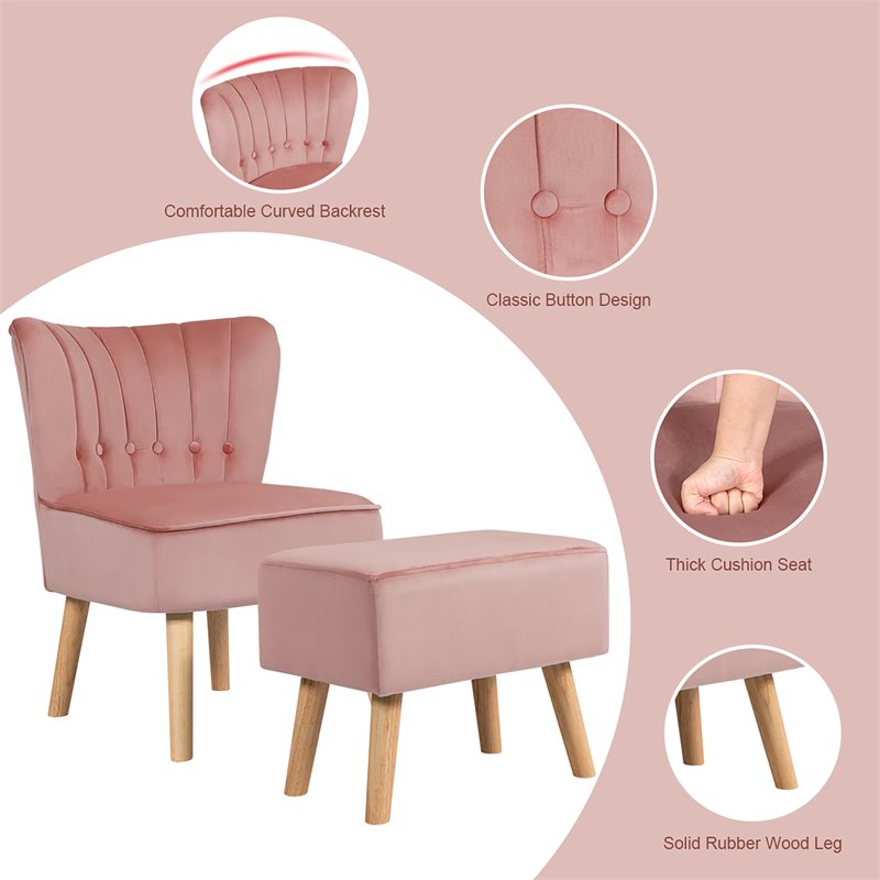 Costway Thick Padded Button Tufted Leisure Chair and Ottoman Set in Pink