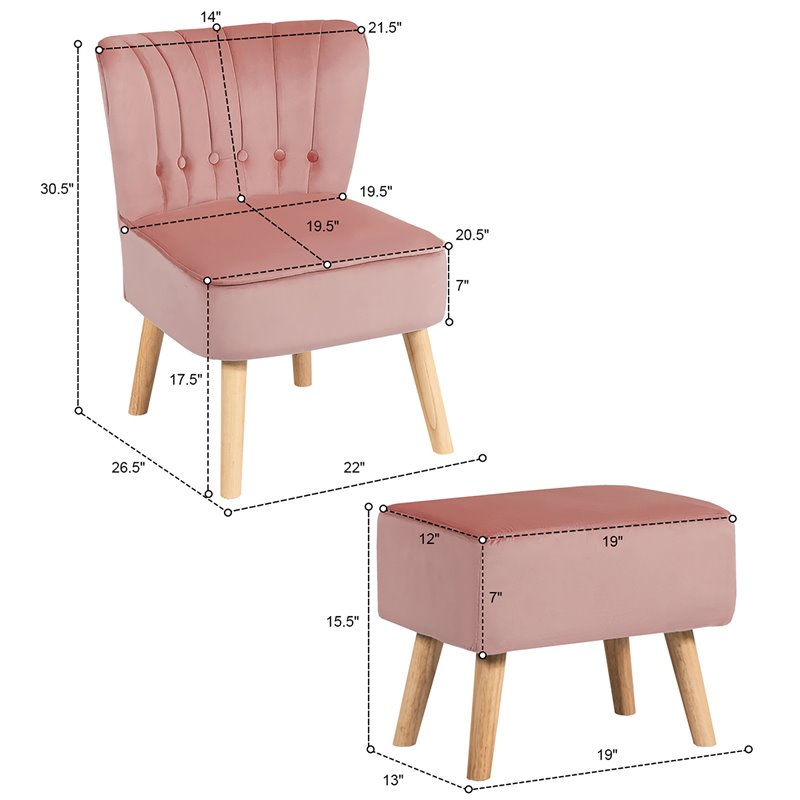 Costway Thick Padded Button Tufted Leisure Chair and Ottoman Set in Pink