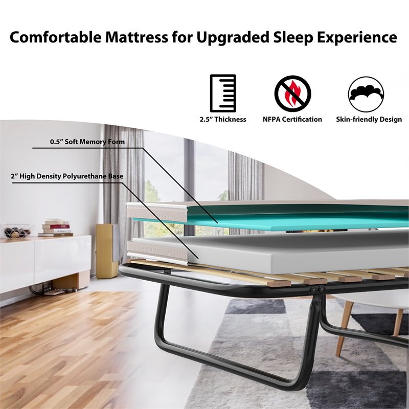 Costway Metal Guest Sleeper Folding Bed with Memory Foam Mattress in Black