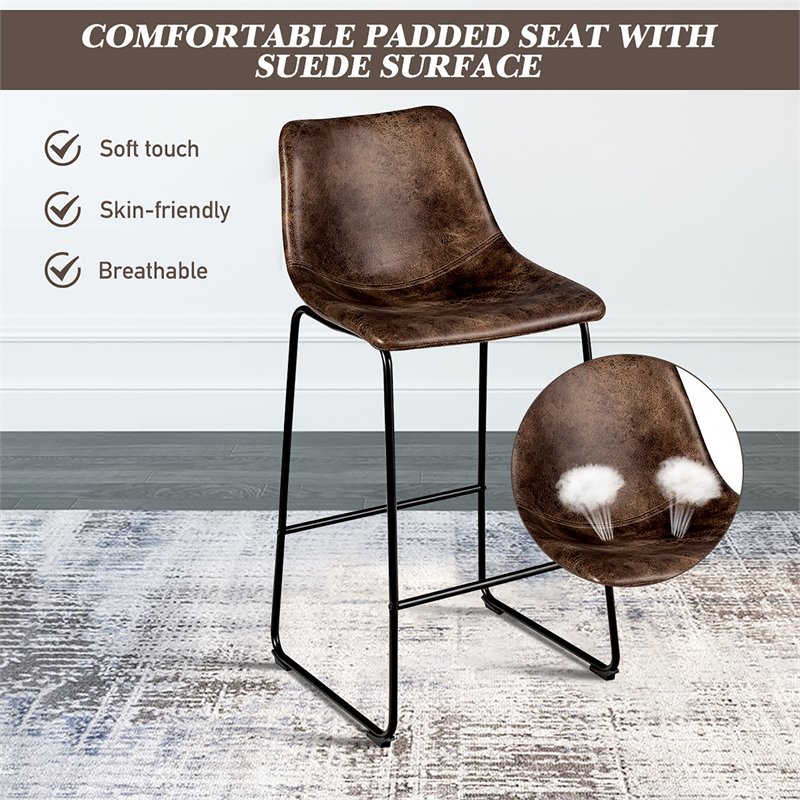 Costway Contemporary Faux Suede Bar Stool with Metal Legs in Brown (Set of 2)