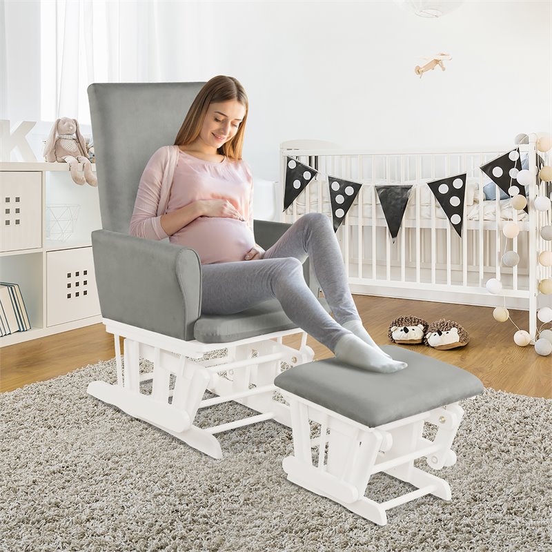 Costway Contemporary Fabric Rocking Chair Glider & Ottoman Set in Light Gray