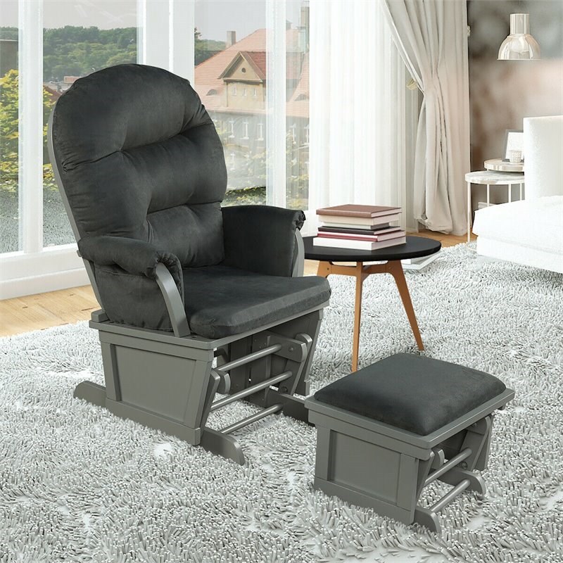 Costway Contemporary Fabric Rocking Chair Glider & Ottoman Set in Dark Gray