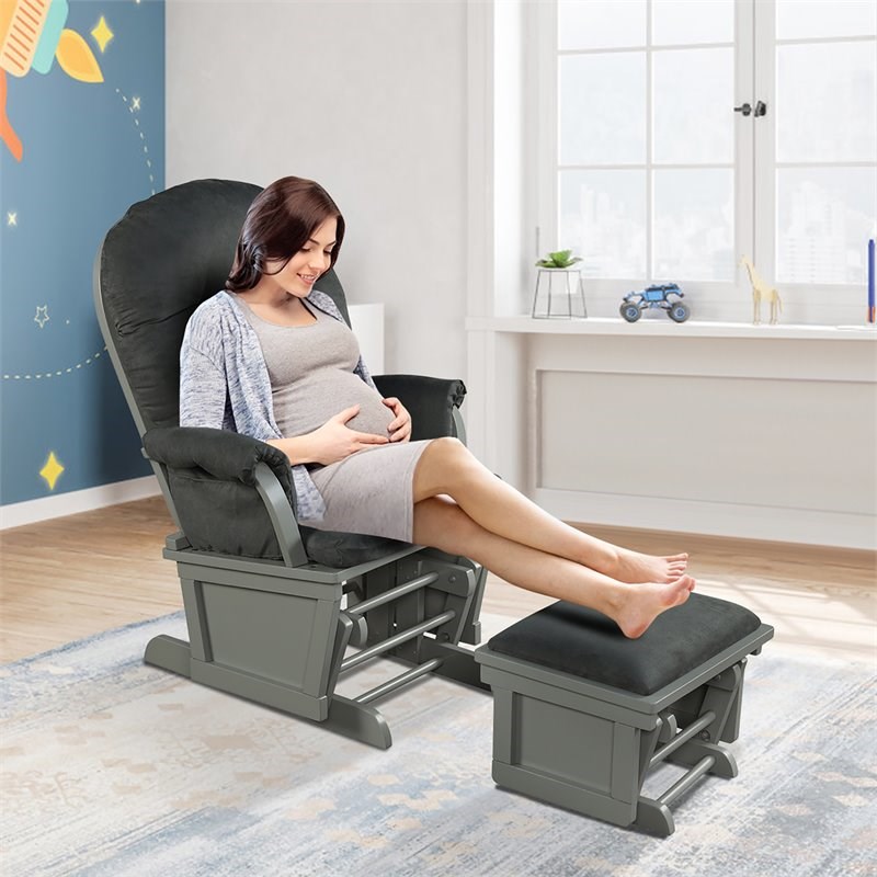 Costway Contemporary Fabric Rocking Chair Glider & Ottoman Set in Dark Gray