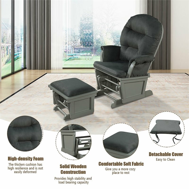 Costway Contemporary Fabric Rocking Chair Glider & Ottoman Set in Dark Gray