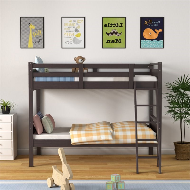 Costway Contemporary MDF and Wood Twin Over Twin Bunk Bed in Espresso