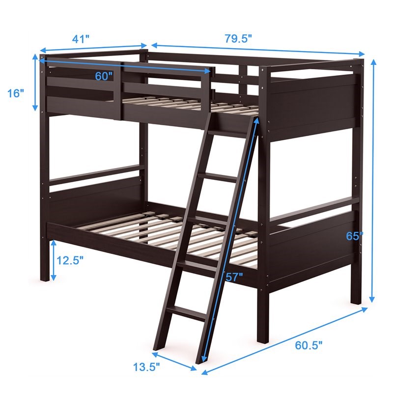 Costway Contemporary MDF and Wood Twin Over Twin Bunk Bed in Espresso