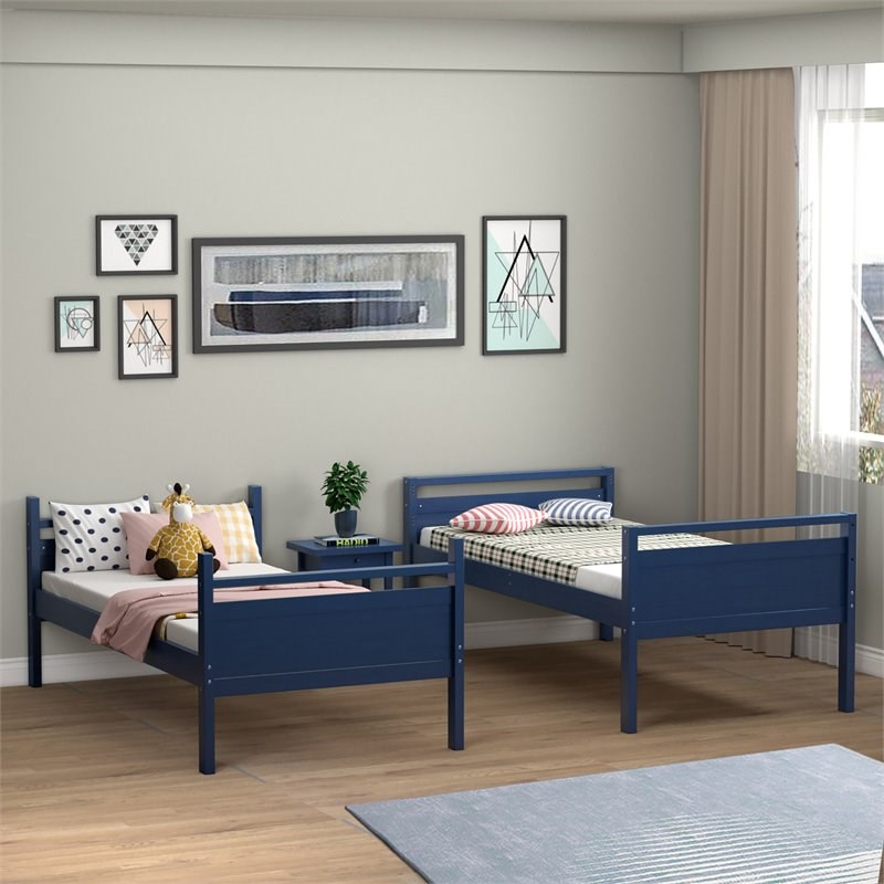Costway Contemporary MDF and Wood Twin Over Twin Bunk Bed in Navy