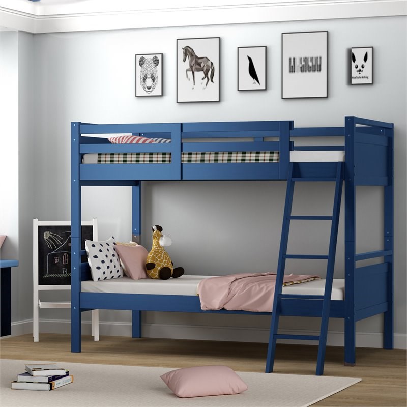 Costway Contemporary MDF and Wood Twin Over Twin Bunk Bed in Navy
