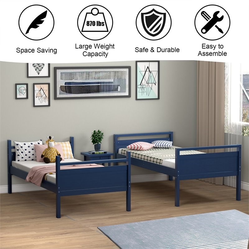 Costway Contemporary MDF and Wood Twin Over Twin Bunk Bed in Navy