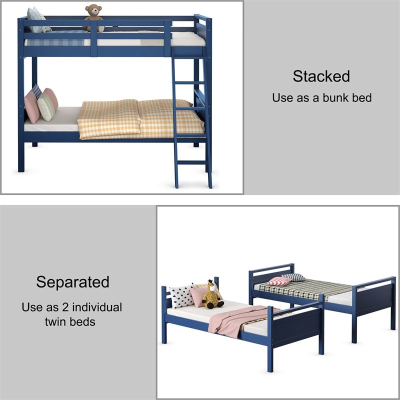 Costway Contemporary MDF and Wood Twin Over Twin Bunk Bed in Navy