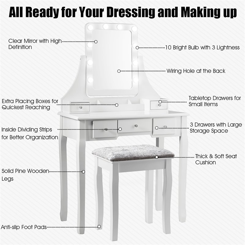 Costway Vanity Set with Dressing Table and Cushion Stool in White