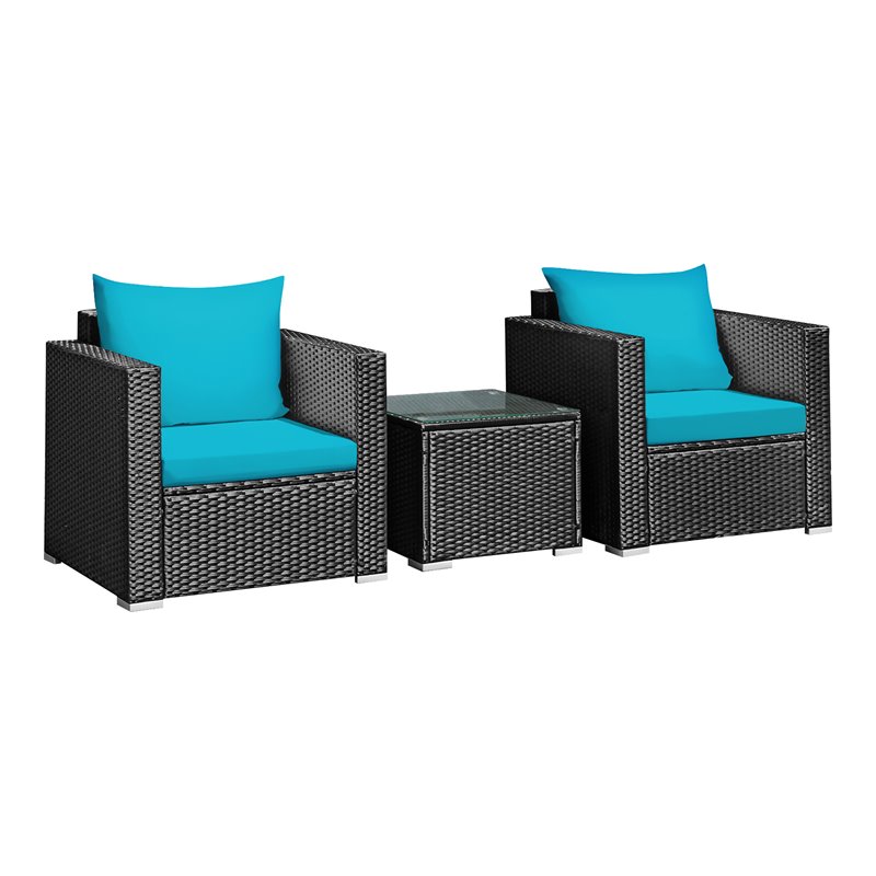 Costway 3-piece Rattan Patio Wicker Furniture Set with Cushion in Turquoise