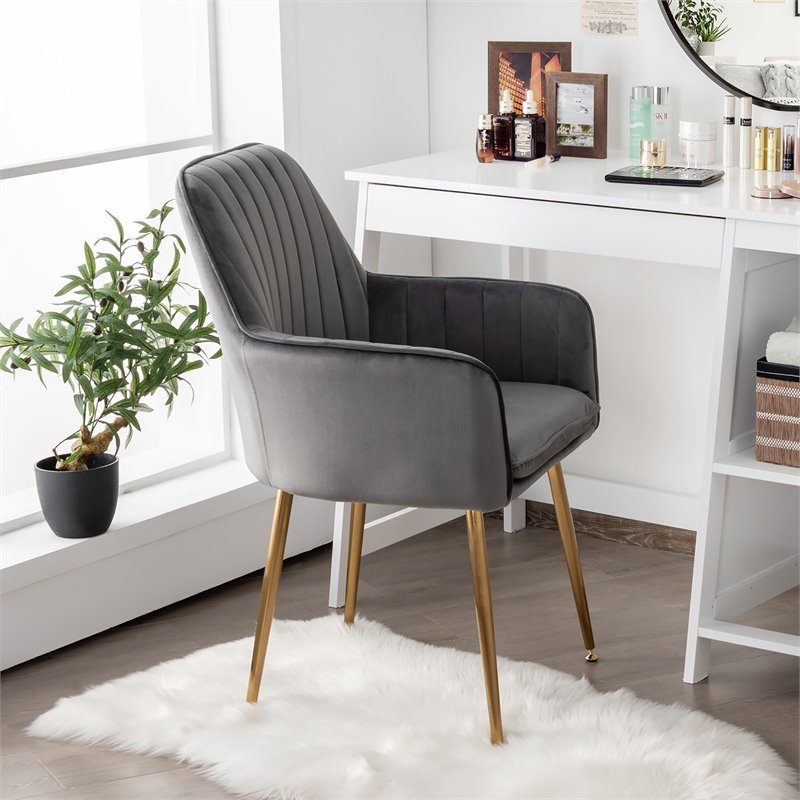 Costway Velvet Mid-Back Leisure Armchair with Gold Leg in Gray (Set of 2)