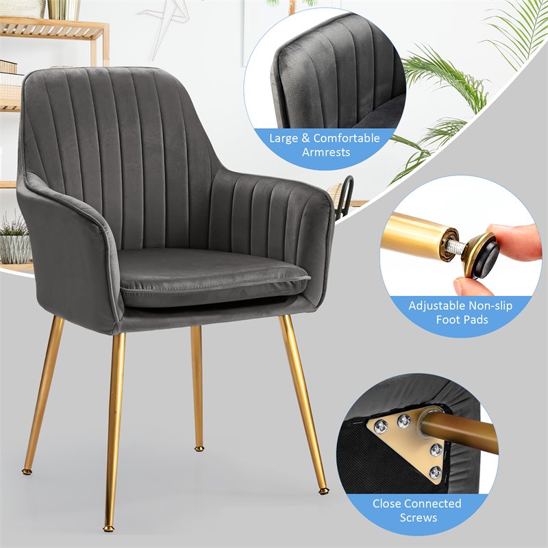 Costway Velvet Mid-Back Leisure Armchair with Gold Leg in Gray (Set of 2)