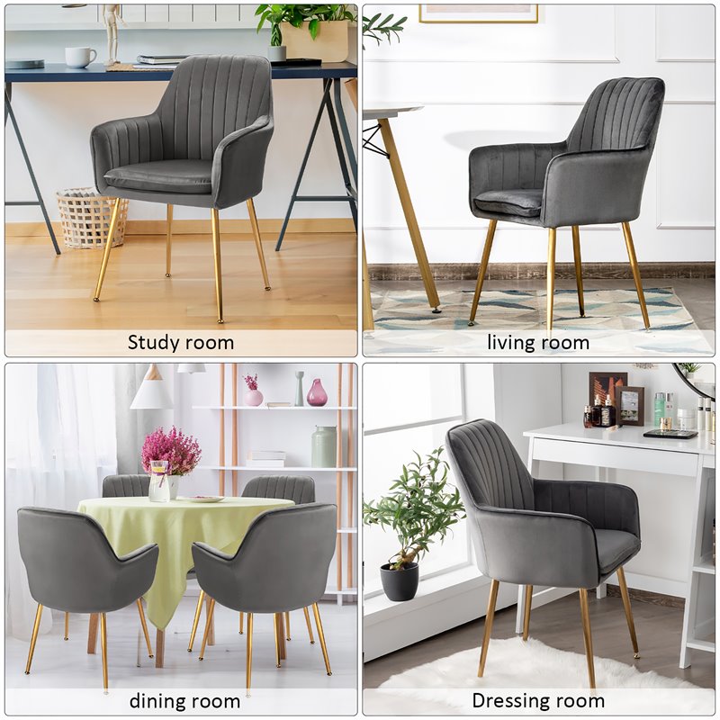 Costway Velvet Mid-Back Leisure Armchair with Gold Leg in Gray (Set of 2)