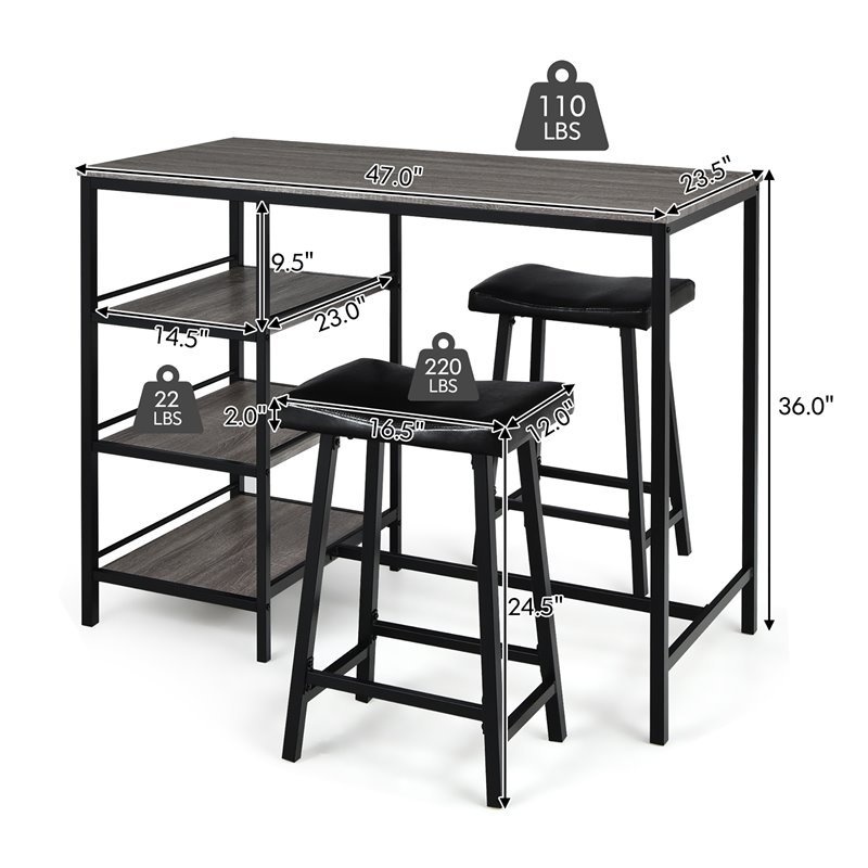 Costway 3-piece Counter Height Dining Bar Table Set with 2 Stools in Gray