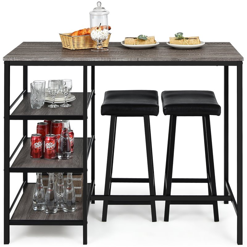 Costway 3-piece Counter Height Dining Bar Table Set with 2 Stools in Gray