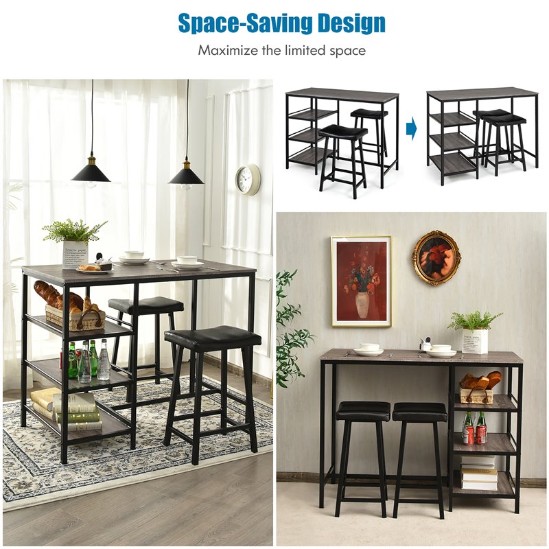Costway 3-piece Counter Height Dining Bar Table Set with 2 Stools in Gray