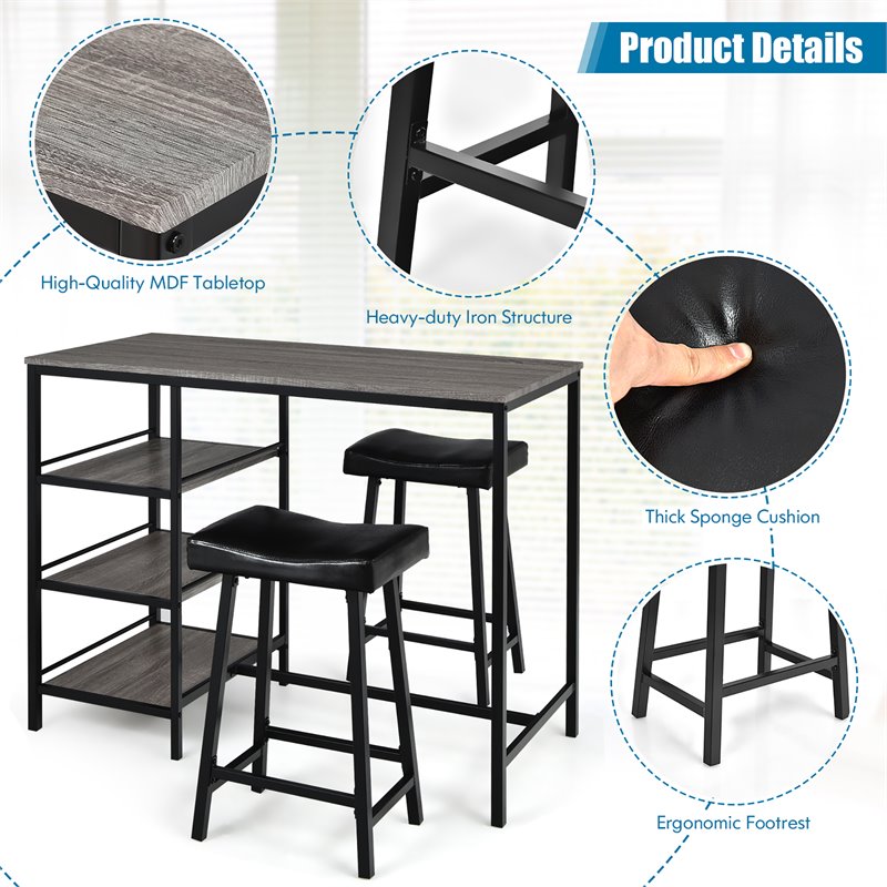 Costway 3-piece Counter Height Dining Bar Table Set with 2 Stools in Gray