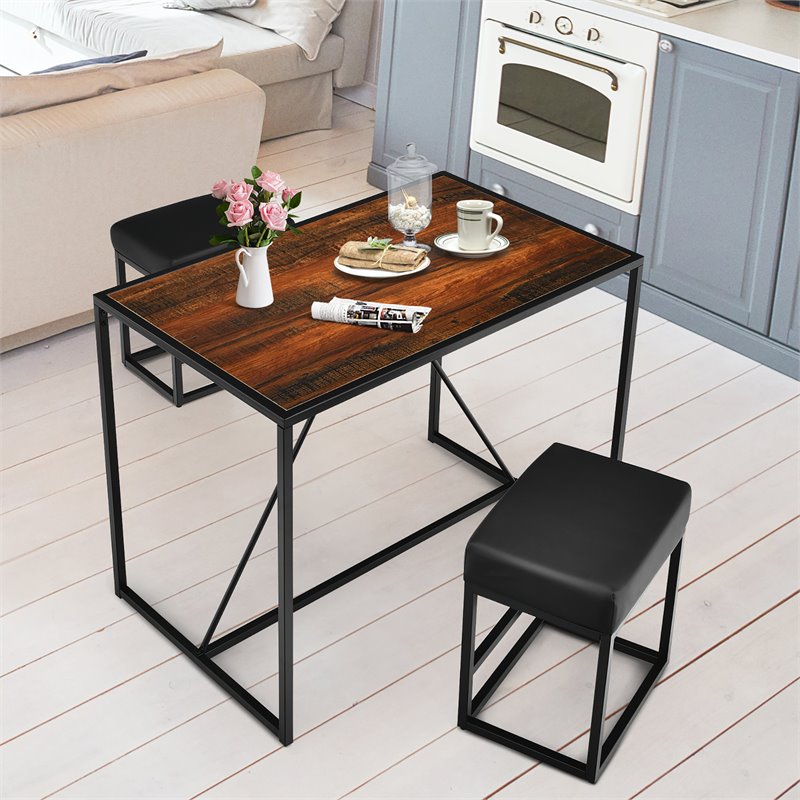 Costway 3-piece Kitchen Dining Table Set with Metal Frame & 2 Stools in Brown
