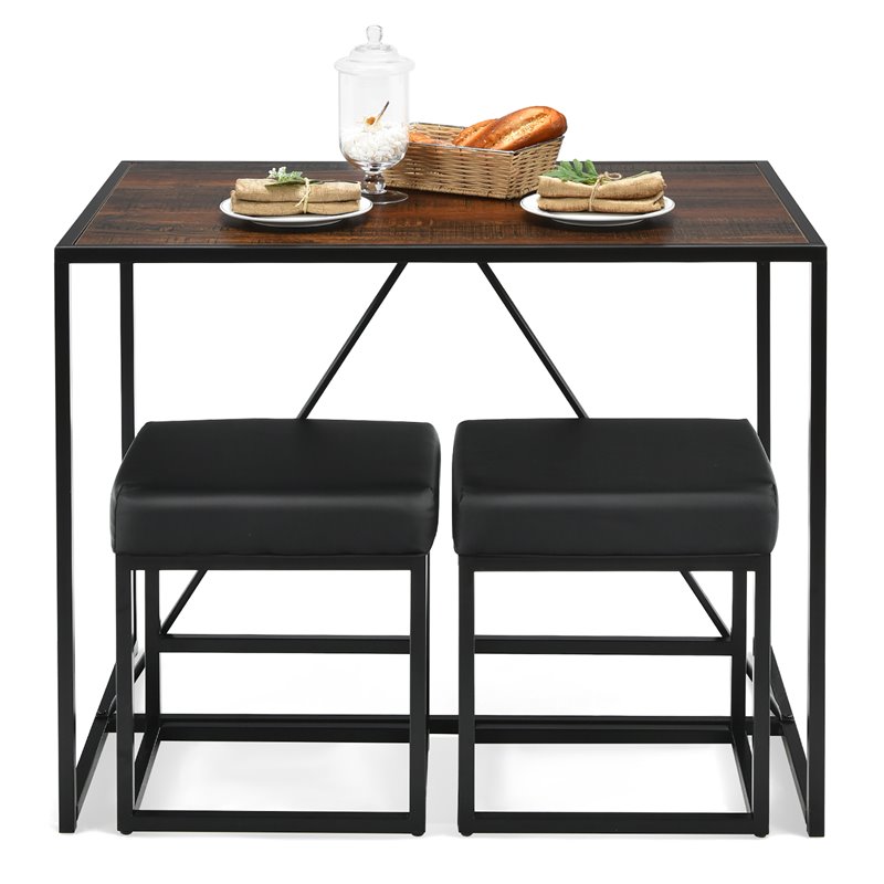 Costway 3-piece Kitchen Dining Table Set with Metal Frame & 2 Stools in Brown