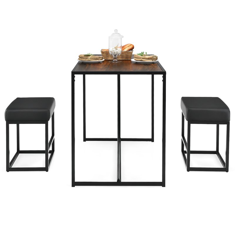 Costway 3-piece Kitchen Dining Table Set with Metal Frame & 2 Stools in Brown