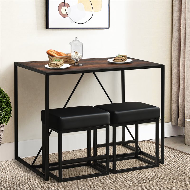 Costway 3-piece Kitchen Dining Table Set with Metal Frame & 2 Stools in Brown