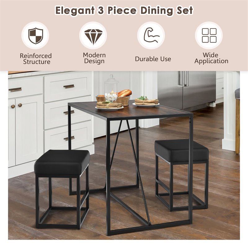 Costway 3-piece Kitchen Dining Table Set with Metal Frame & 2 Stools in Brown