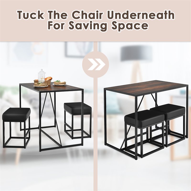 Costway 3-piece Kitchen Dining Table Set with Metal Frame & 2 Stools in Brown