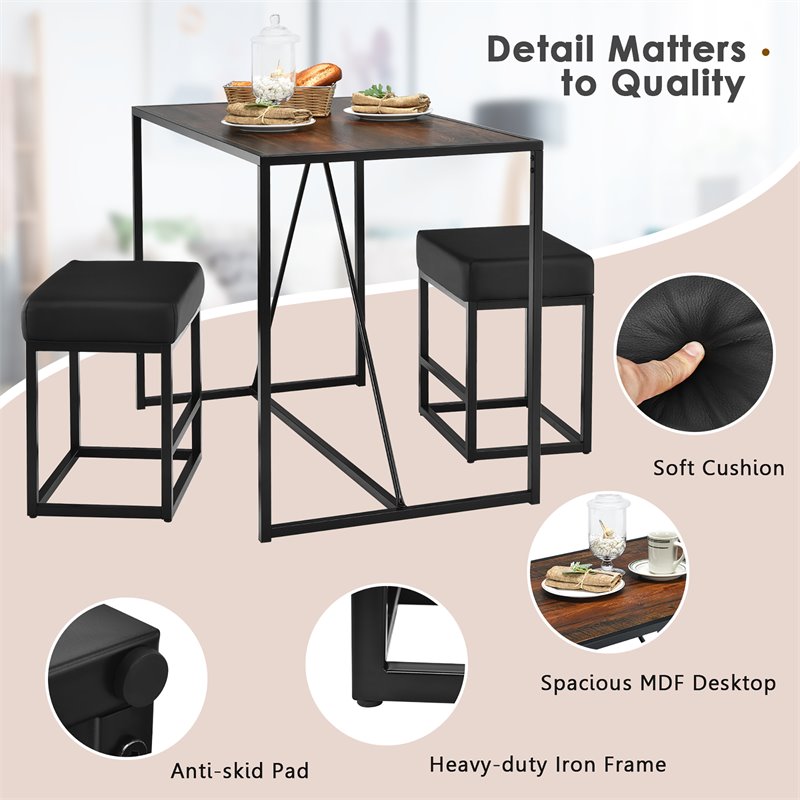 Costway 3-piece Kitchen Dining Table Set with Metal Frame & 2 Stools in Brown