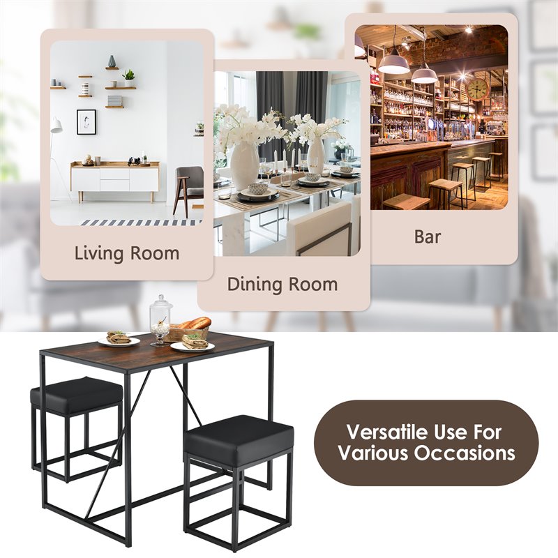 Costway 3-piece Kitchen Dining Table Set with Metal Frame & 2 Stools in Brown