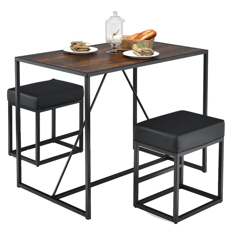 Costway 3-piece Kitchen Dining Table Set with Metal Frame & 2 Stools in Brown