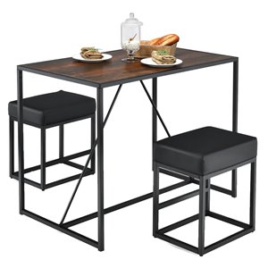 Costway 3-piece Kitchen Dining Table Set with Metal Frame & 2 Stools in Brown