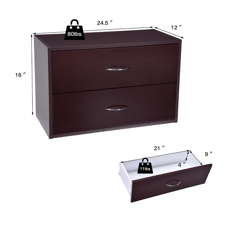 Costway 2-Drawer End Table Nightstand Dresser Organizer with Handle in Brown