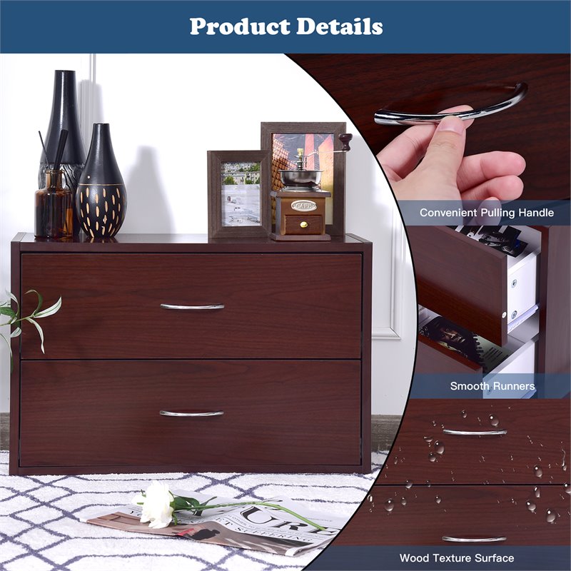 Costway 2-Drawer End Table Nightstand Dresser Organizer with Handle in Brown