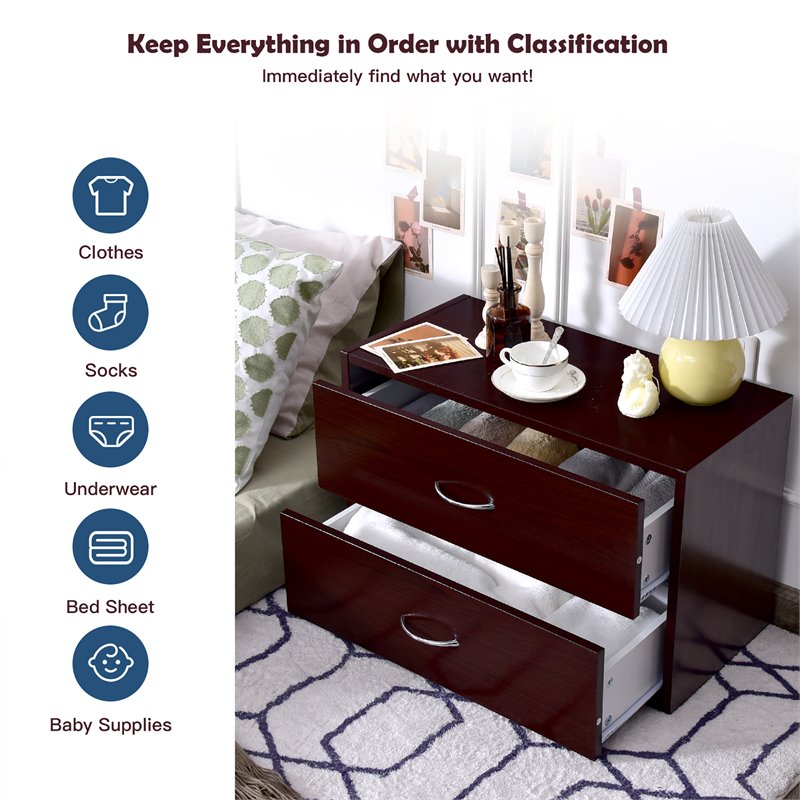 Costway 2-Drawer End Table Nightstand Dresser Organizer with Handle in Brown