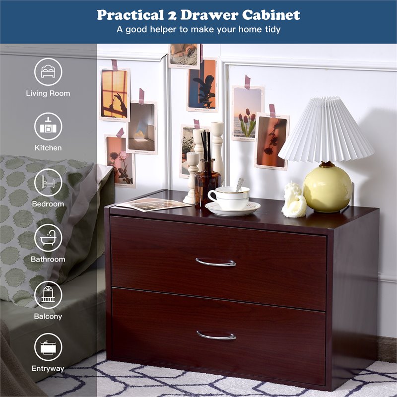 Costway 2-Drawer End Table Nightstand Dresser Organizer with Handle in Brown